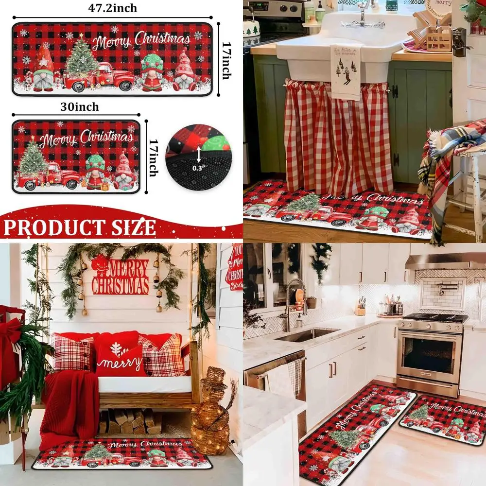 

Red Buffalo Plaid Christmas Truck Rugs Set, Merry Gnome Tree Snow Holiday Kitchen Floor Mats, 17x47 & 17x30