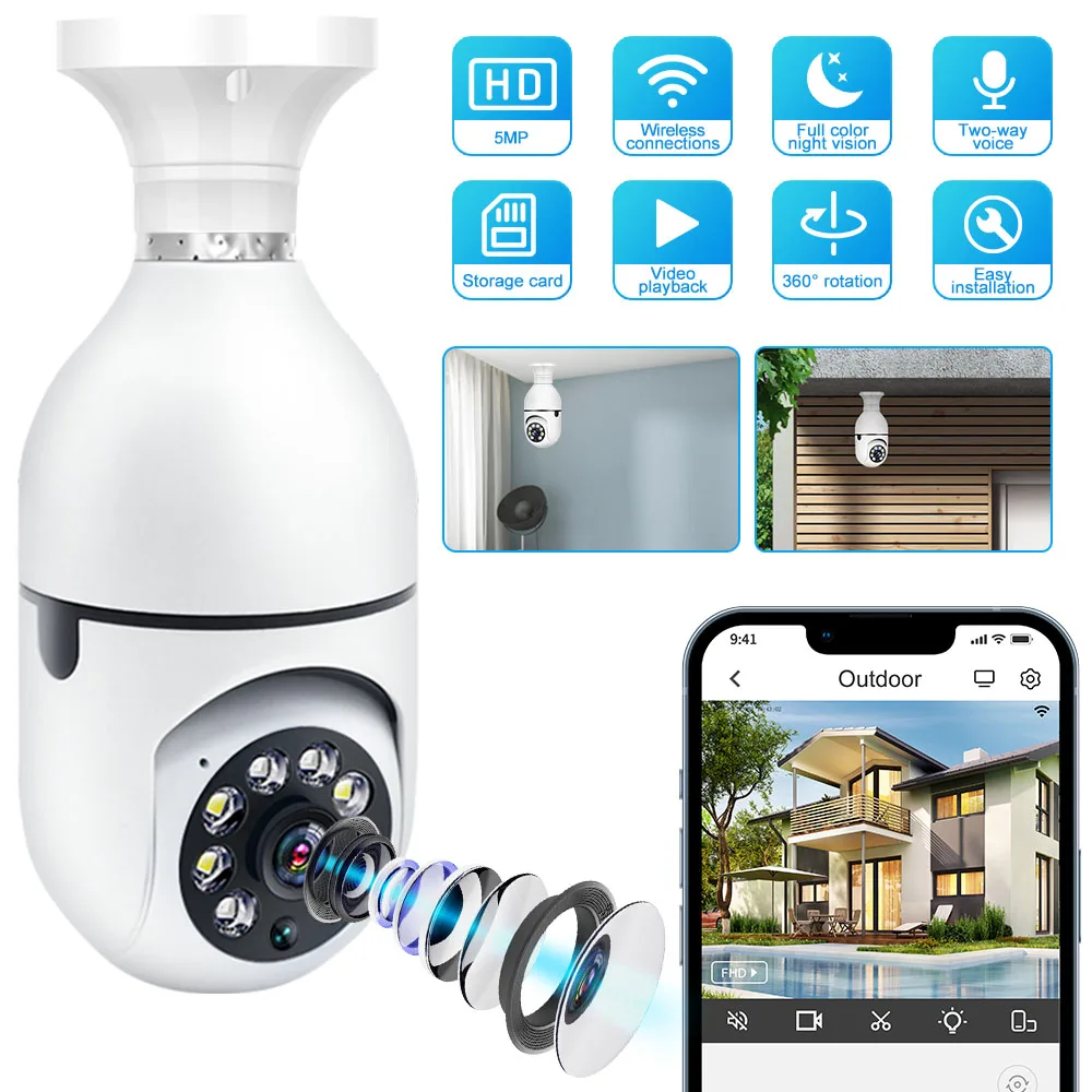 camara vigilancia wifi Bombilla E27 para vigilancia, Monitor de vídeo con Wifi, visión nocturna, seguimiento humano a todo Color, Zoom 4X,