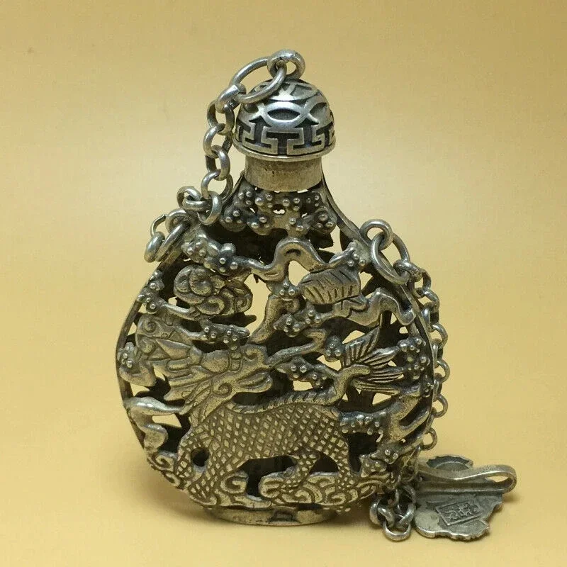 chinese Tibetan silver old copper hand carved Kirin phoenix statue snuff bottle