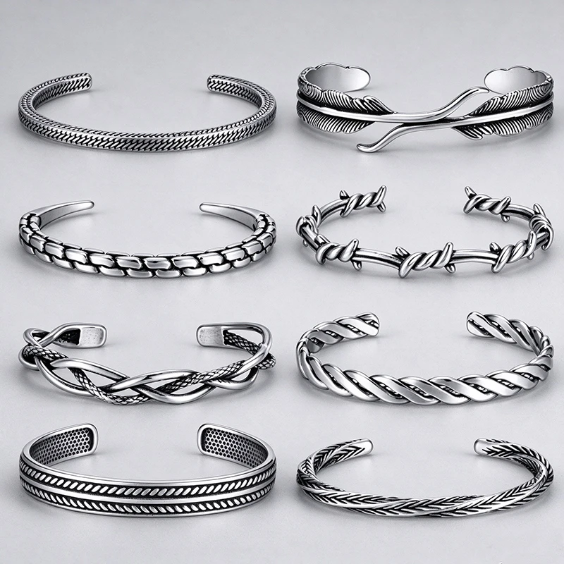 Men Stainless Steel Open Cuff Bracelet Vintage Feather Thorns Twist Silver Adjustable Bangle Personality Jewelry Gift