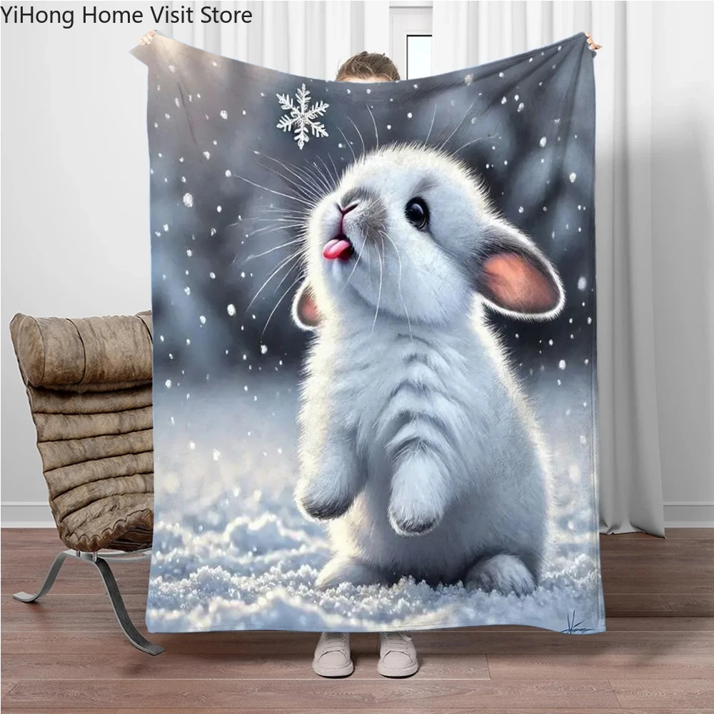 Cute Rabbit in Snow Flannel Throw Blanket Home Sofa Lunch Break Blankets for Bed Children Student Blanket Nap Cover Kids Gift