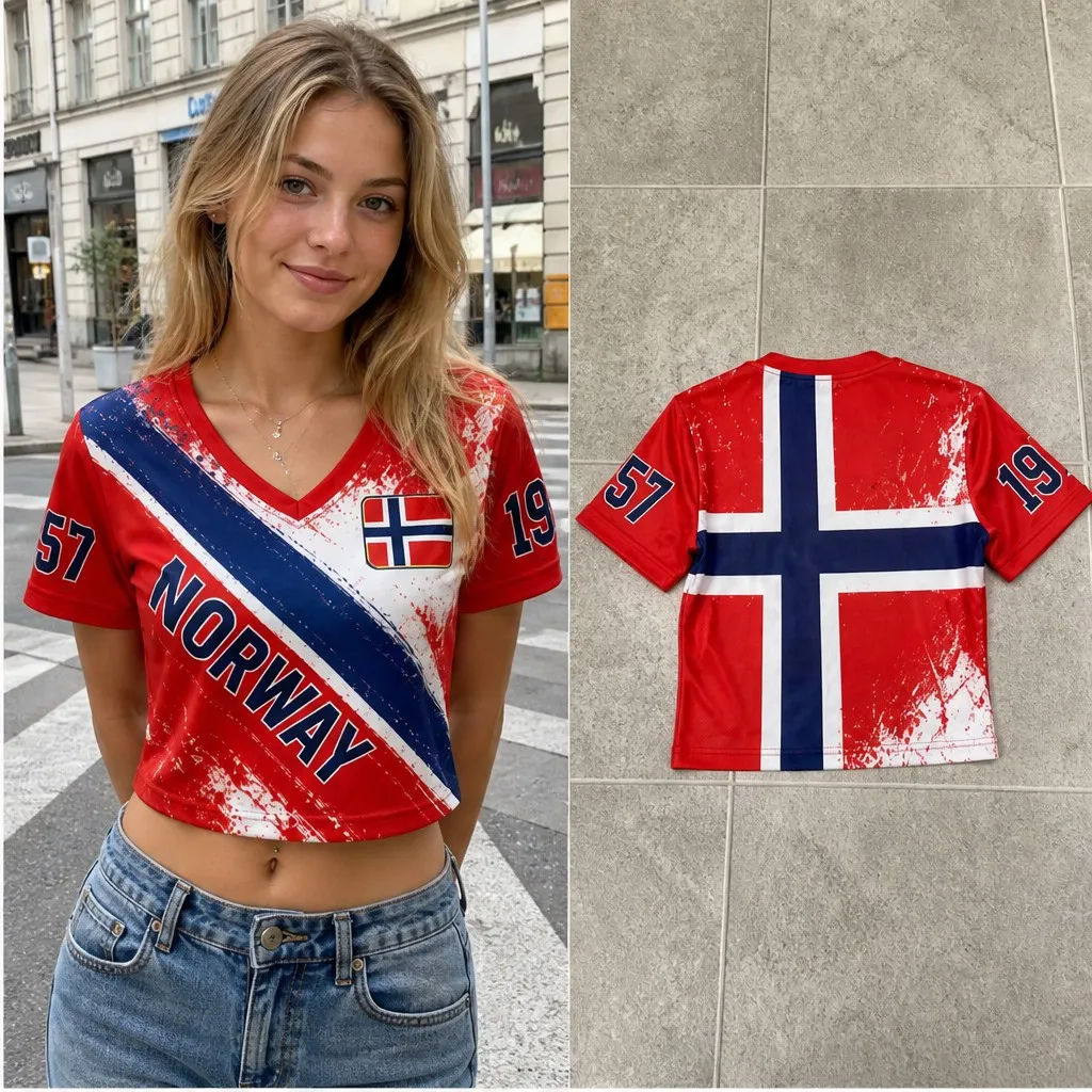 Womens V Neck Cropped Tee Norway Flag Splash Print Short Sleeve Summer Casual Top With Sport Number Back Graphic Travelwear Wear