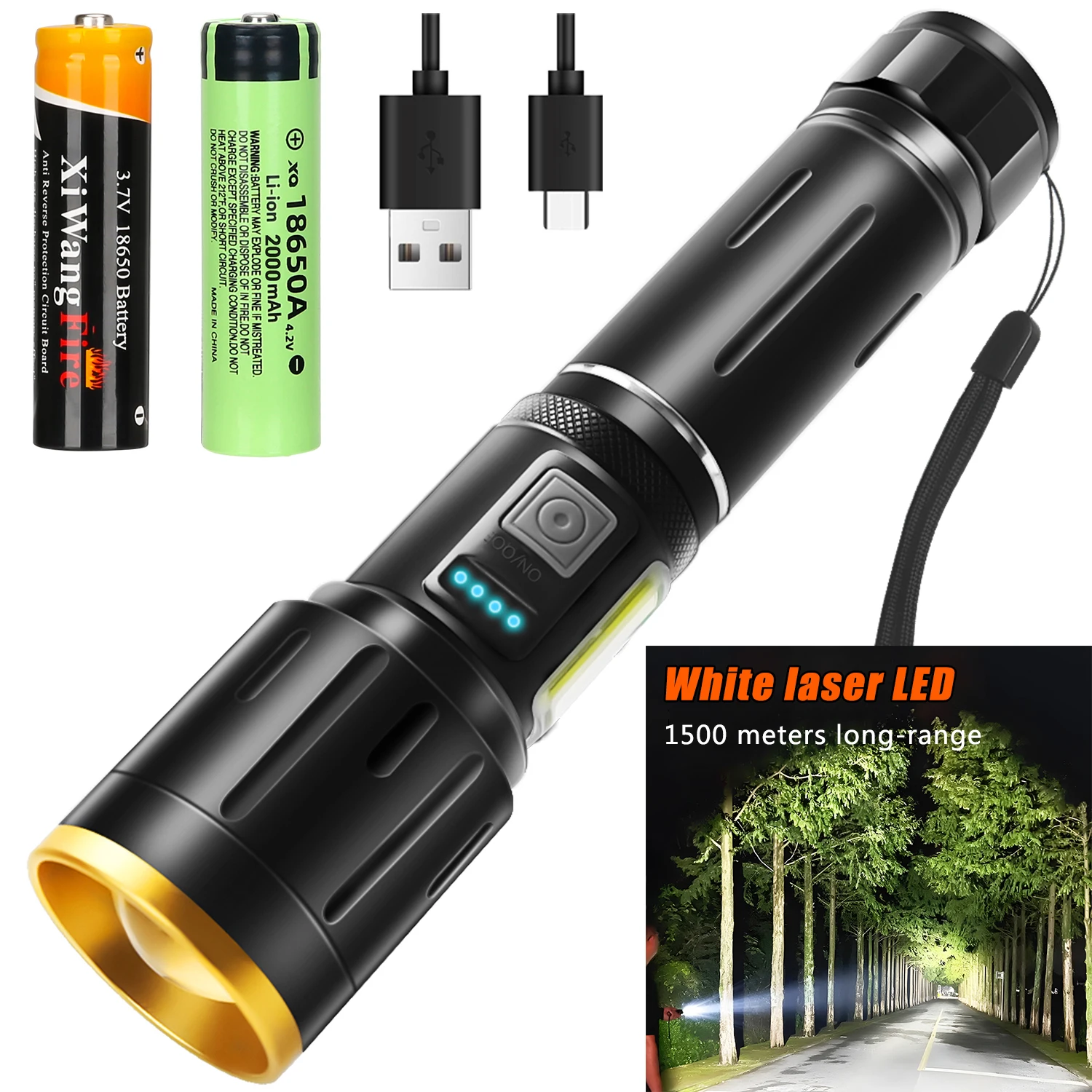 

Powerful LED Flashlight USB Rechargeable Torch Zoomable 18650 Battery Self-defense Hand Lamp Power Display for Camping Hunting