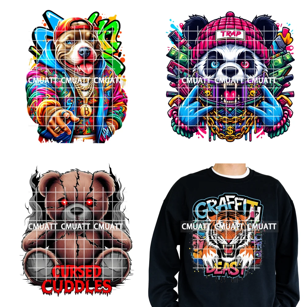 

12in Cool Street Style Savage Animal Graffiti Urban Bear Dog King Iron on DTF Heat Transfer Stickers Ready to Press for T-shirts