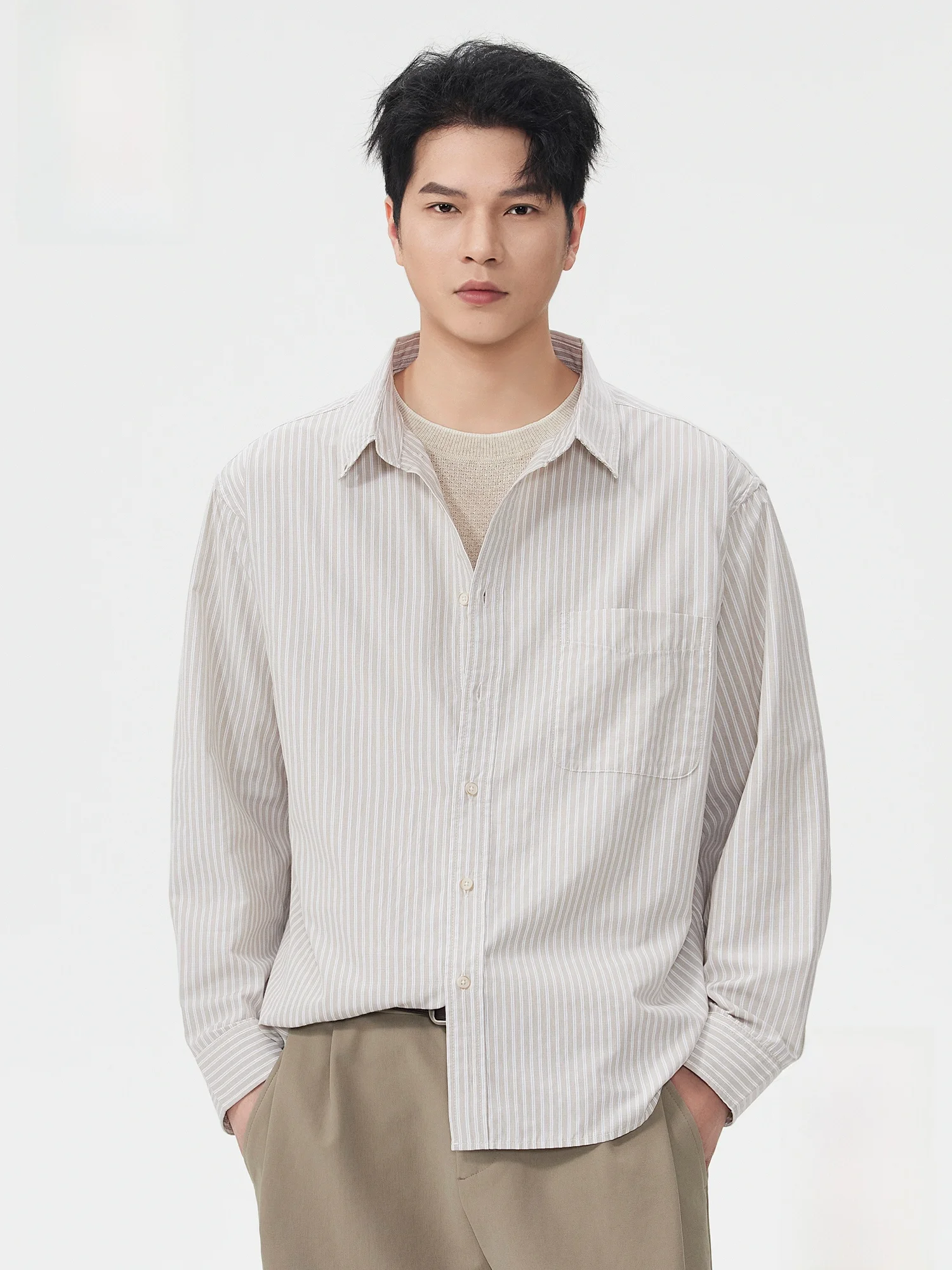 

PaulFrank Spring 2026 Men's Casual Long Sve Striped irt Loose Fit Collared Button-Up Cotton Polyester Youth Faion