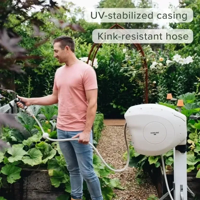 ضمان الأصالة. بكرة خرطوم حديقة أوتوماتيكية قابلة للسحب بطول 82 قدمًا، 9/16 بوصة، فوهة رش ذات 8 أنماط، خالية من الأشعة فوق البنفسجية