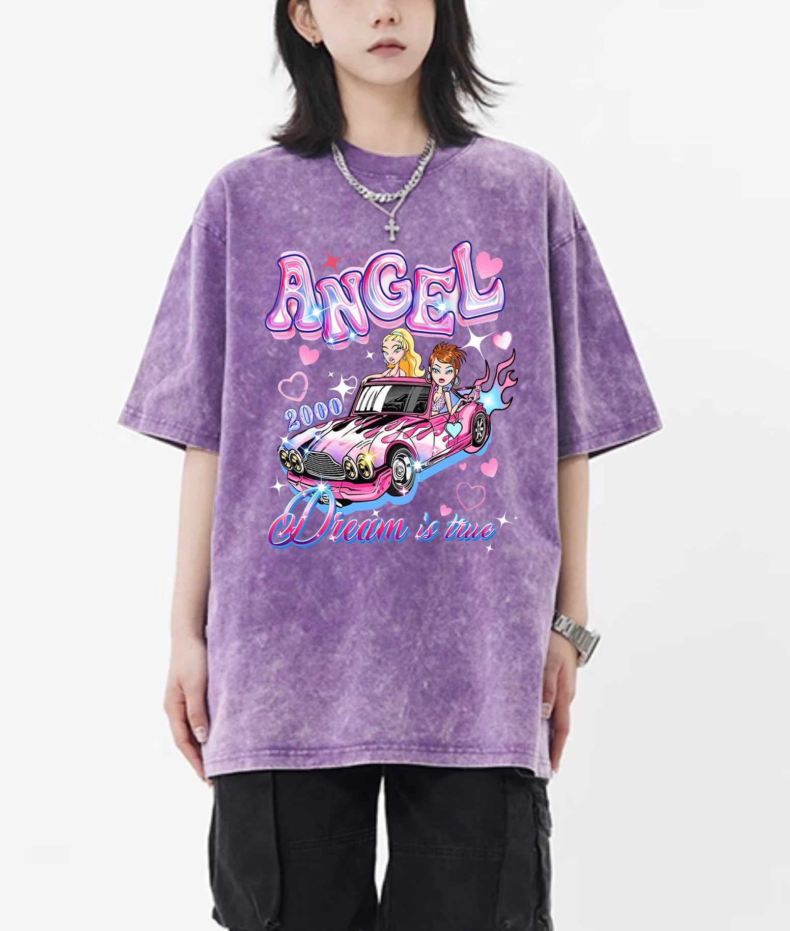 

Angel Car Travel Sweet Prints Retro Womens Tee Shirt Unisex Cotton T-Shirts Summer Breathable Clothes Cool All-Match Washed Top