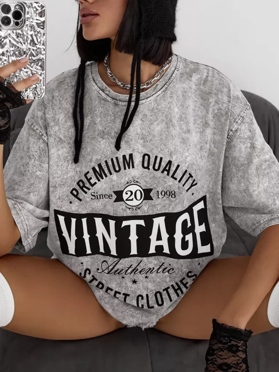 Oversize INS Short Sleeved Washed Vintage T Shirt Loose Streetwear Distressed Bf Harajuku T Shirt Weomen Printed Half Sleeved