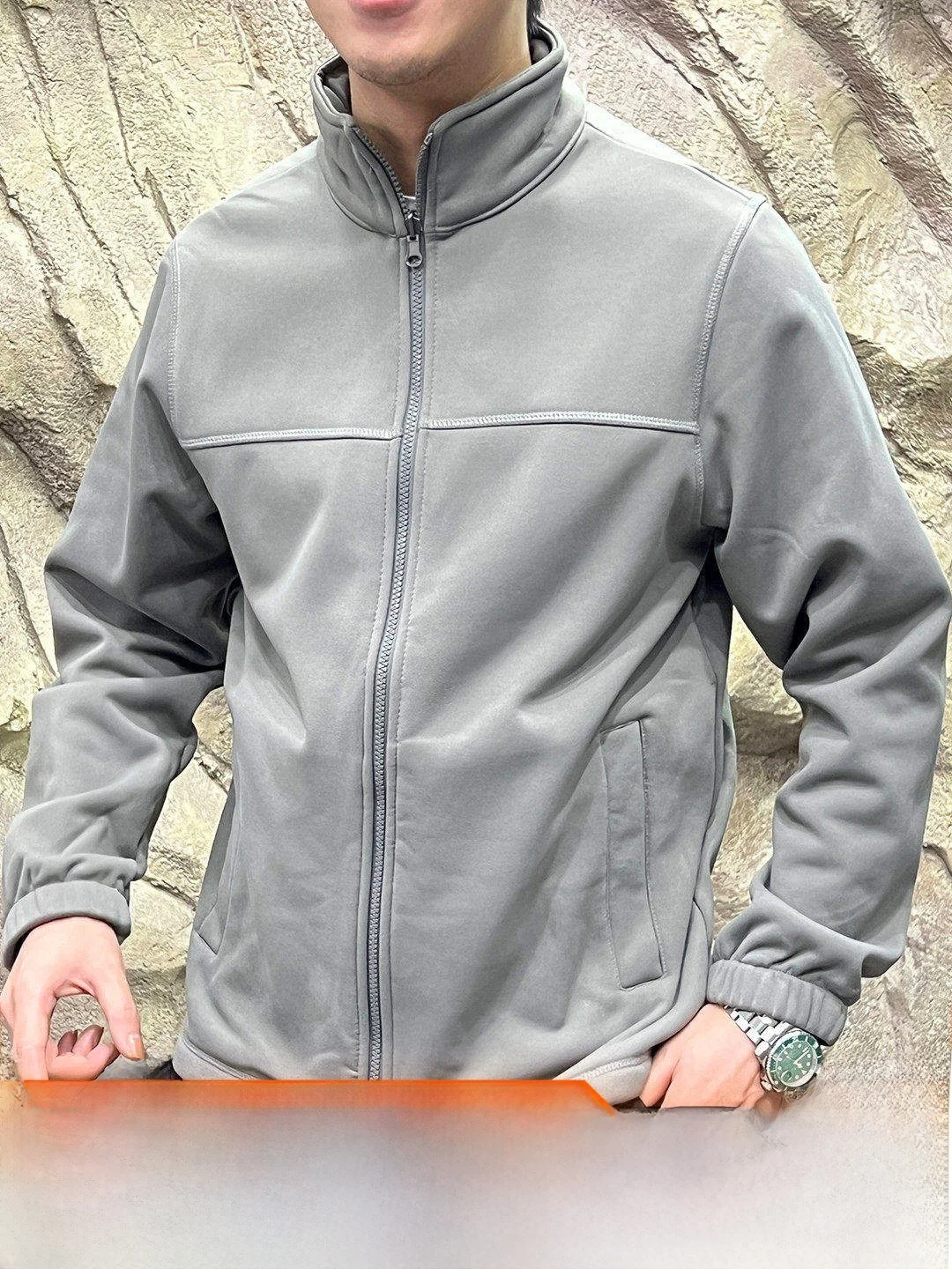 Outdoor Men's Stand Collar Jacket Middle Layer Composite Fleece 3D Tailoring Warmth Polyester Fiber Long Sleeve Zipper
