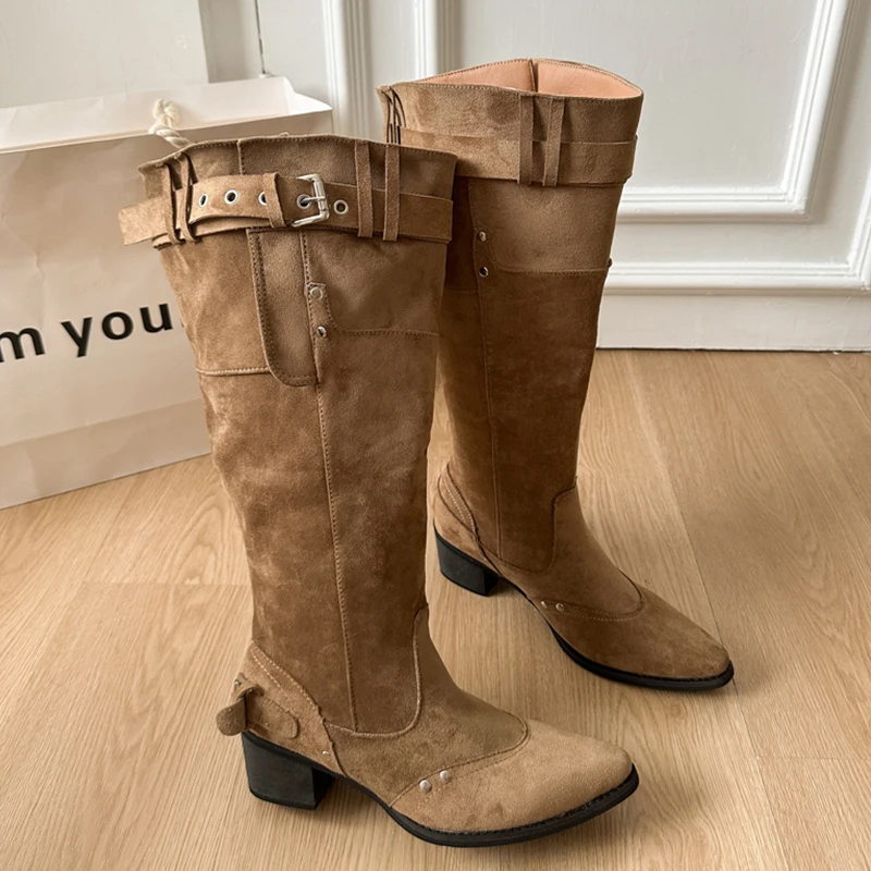 Women’s Suede High Boots Winter High Heels Snow Boots Fashion Chunky Women Long Boots Woman 2025 Trend Walking Gothic Lady Shoes