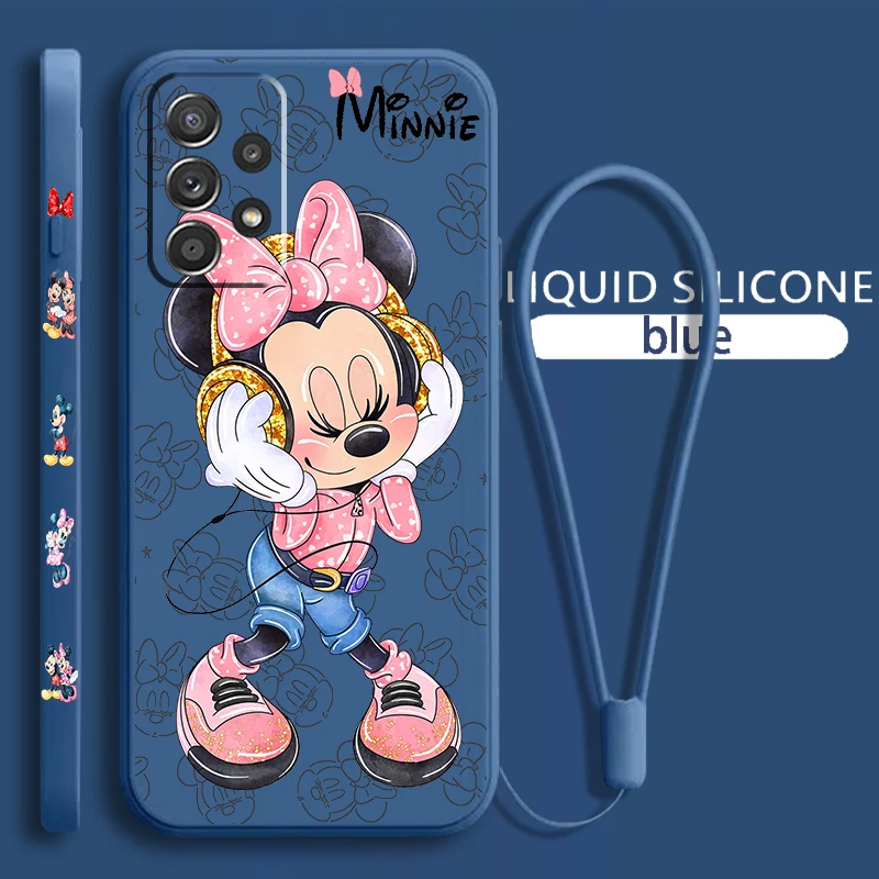 Pink Minnie Cartoon For Samsung Galaxy A73 A54 A34 A53 A33 A52 A32 A22 A71 A51 A21S 4G 5G Liquid Left Rope Phone Case Coque Capa