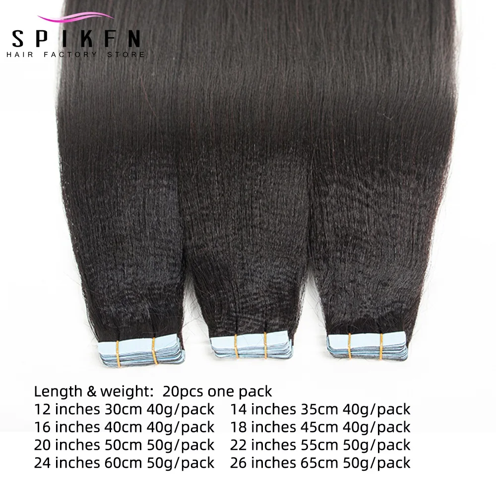 Light Yaki Tape In Hair Extensions 20pcs Yaki Straight Double Side Tape Human Hair Natural Black Color 1B 12