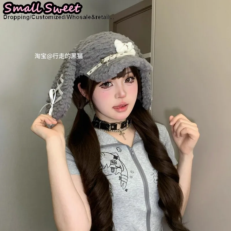 Orecchio di cane Autunno Inverno Gotico Lolita Y2K Beanie Cappello Donna osso Hip-hop croce soffice Carino A Punta Pullover cappello da sole berretto da baseball