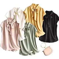 Spring Women plus size ice silk Shirts Summer Elegant Satin Blouse Fashion lace up Casual Streetwear chiffon Tops 빈티지 반팔