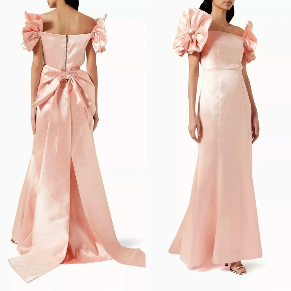 

Customized Mermaid Luxury Pink Satin Evening Dress Modern Strapless Flowers Homecoming Dresses Temperament Bow Prom Dress
