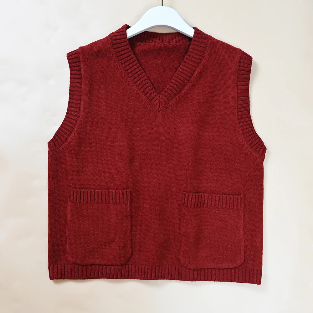 

Весенне-осенний простой женский вязаный красный жилет с v-образным вырезом, универсальный многослойный декорированный жилет, модная верхняя одежда