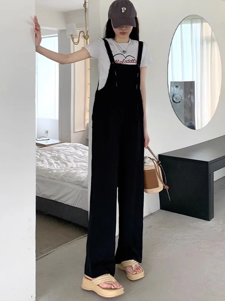 

Fashion Women Black Overalls Summer New Plus Sized High Waist Wide Leg Suspender Trousers Leisure Loose Female Jumpsuits