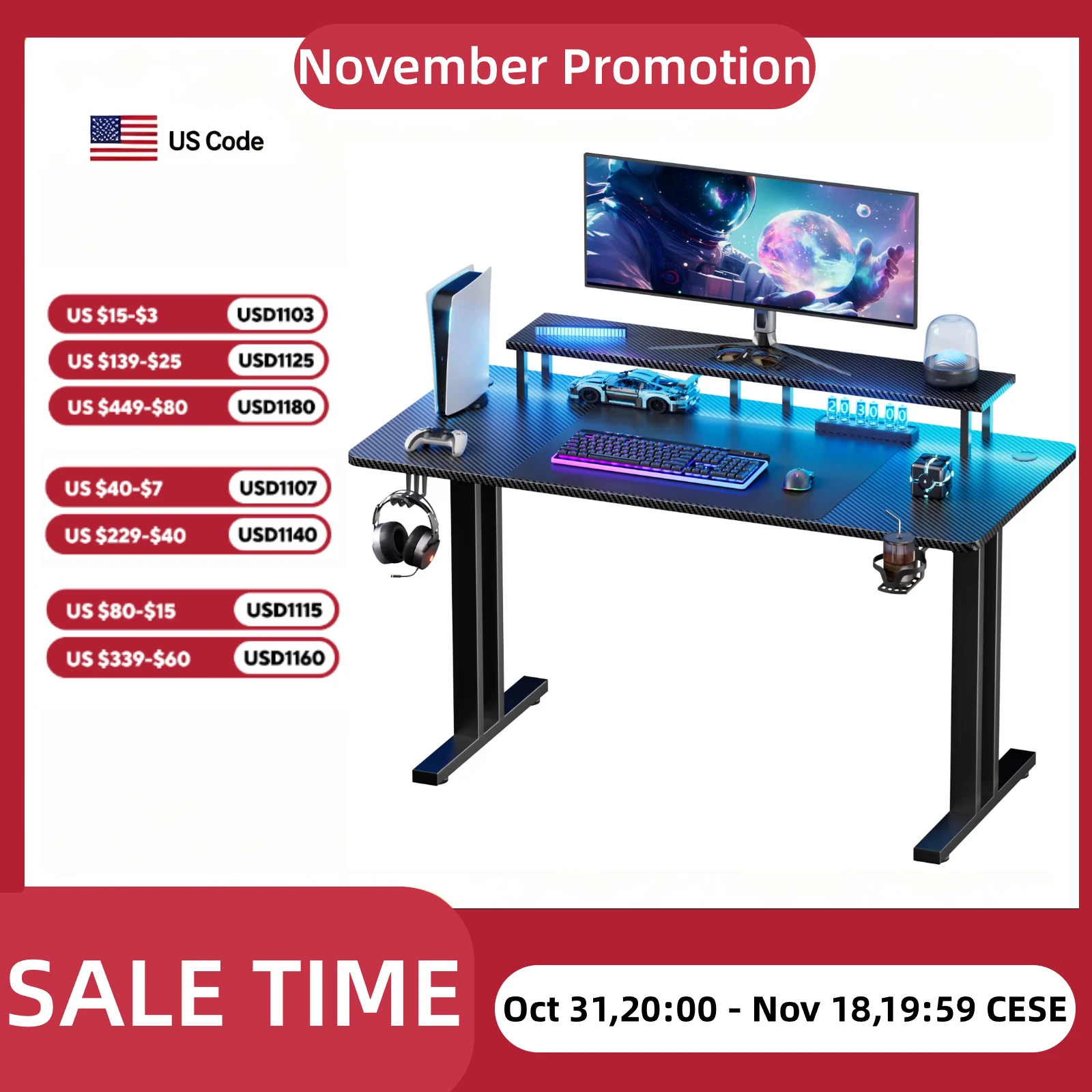 LUMISOL Gaming Desk, Computer Desk with Monitor Stand, LED Light, Cup Holder and Headphone Hook, Carbon Fiber Surface, Heavy-Duty Dual I-Shaped Steel Frame, for Office, Living Room, Bedroom, Black