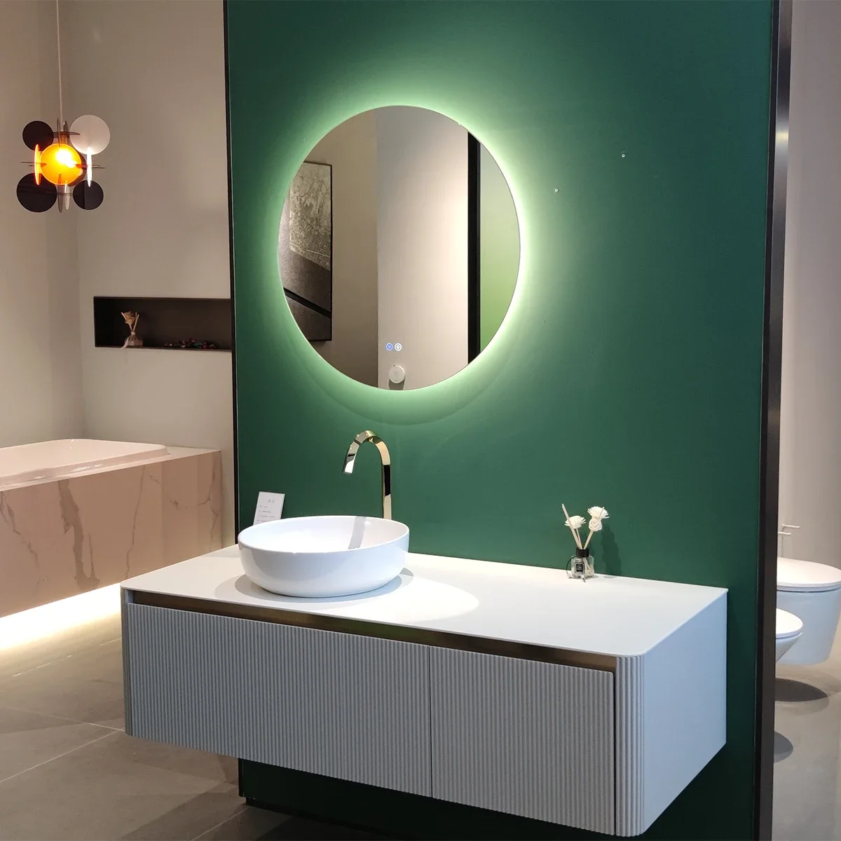 

z Waterproof Modern Large Hotel PVC Vanity Bathroom Cabinet with LED Mirror and Artificial Stone Top