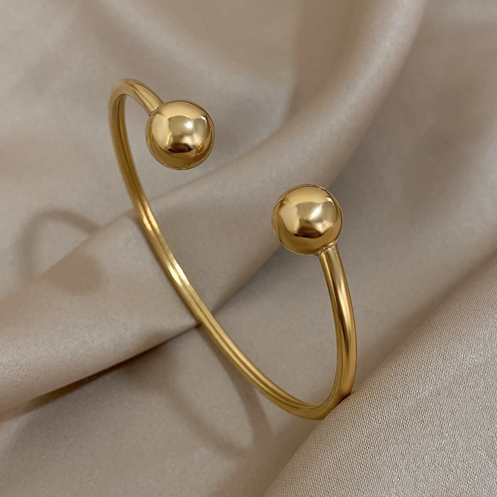 Greatera Minimalist Double Ball Stainless Steel Cuff Bracelet Bangle for Women Gold Plated Opening Bracelets Party Jewelry