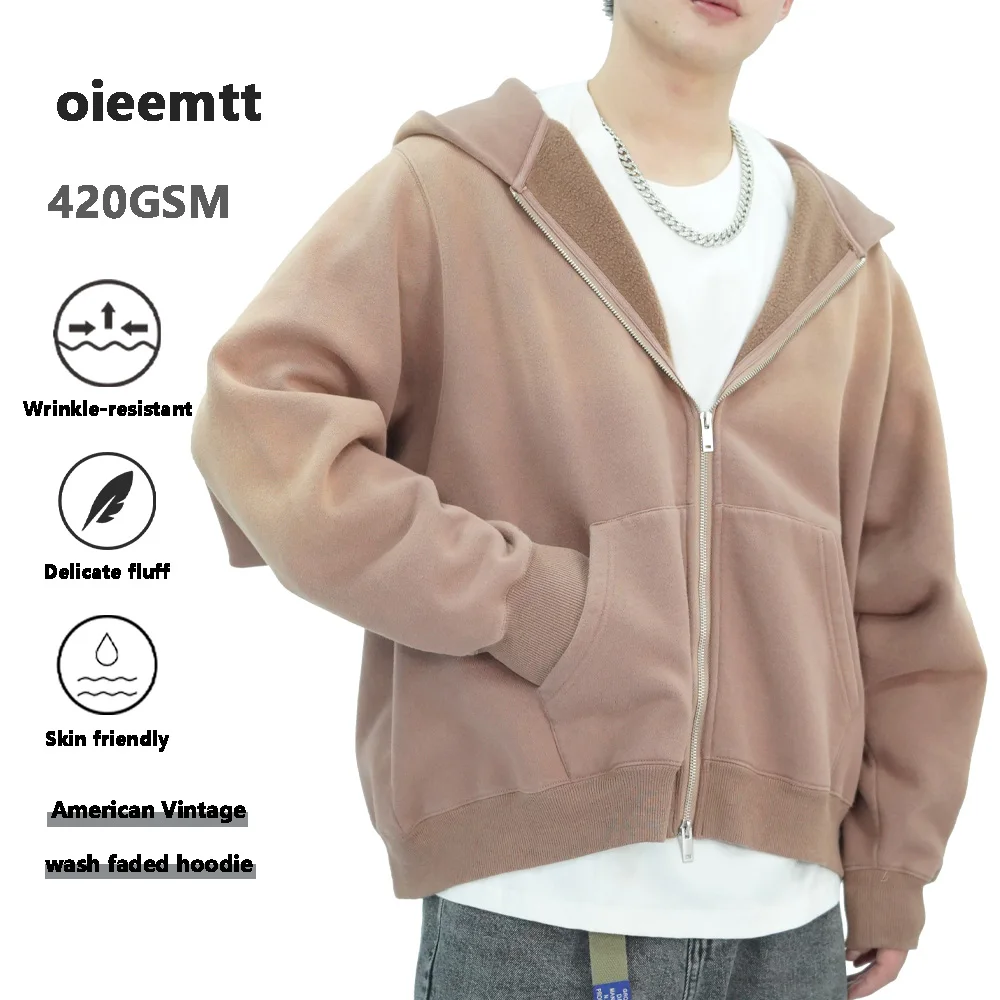 

Men‘s Sun faded High Quality Heavy Weight Thick Fleece 420gsm Full Zip up Hooded Sweatshirt Unisex Cotton Winter Hoodie Jacket