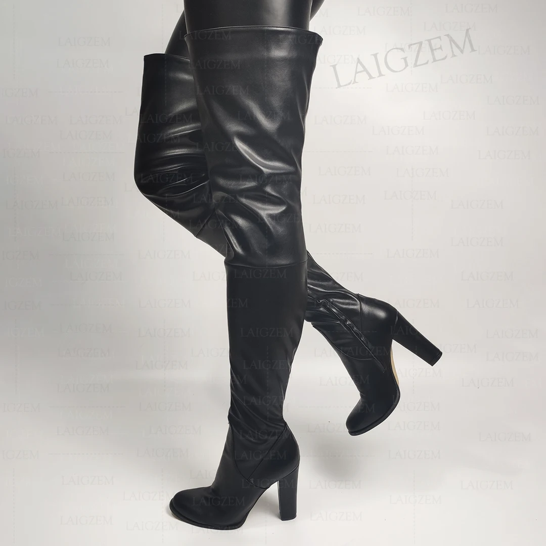 ZHIMA Women Thigh High Boots Round Toe Thick High Heels Boots Over Knee Faux Leather Ladies Shoes Woman Plus Size 41 42 44 50 52