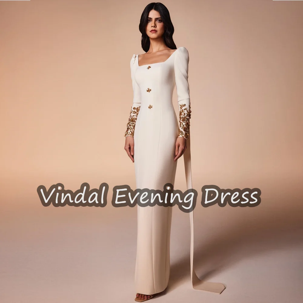 Vindal Square Neckline Evening Dress Floor Length Mermaid Elegant Crepe Built-in Bra Saudi Arabia Long Sleeves For Woman 2024