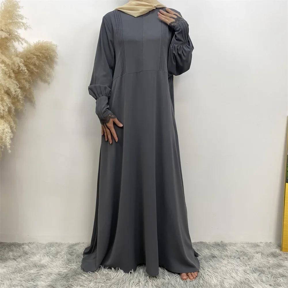 Women Muslim Dress Zipper Lace Casual Abaya for Womne Simple Luxury Sleeves Ladies Robe Middle Eastern Turkey Kaftan Dubai Abaya