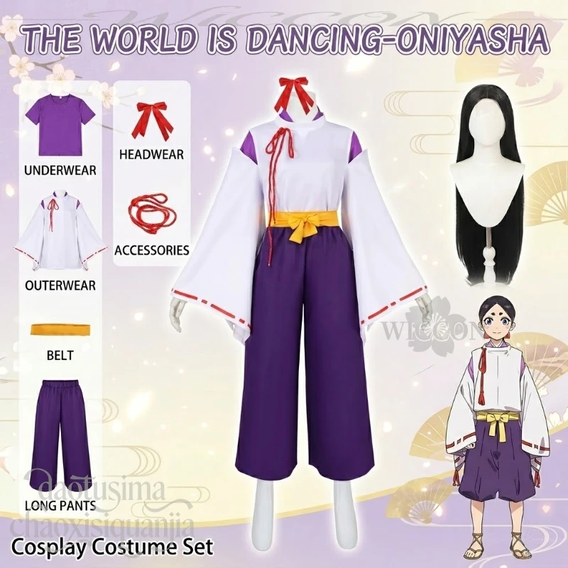 

Oniyasha Japanese Kimono Long Dark Purple Pants Coat Black Long Wigs Halloween Christmas Cosplay New Anime The World Is Dancing