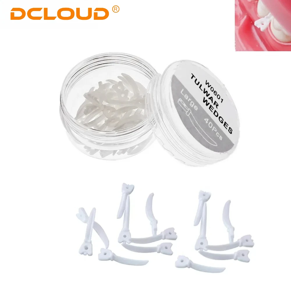 40 Teile/schachtel Einweg Dental Tulwar Keile für Schnittmatrix System Zahn Lücke Nachfüllen Kunststoff Keile Mit Loch S/M/L – Detail 4