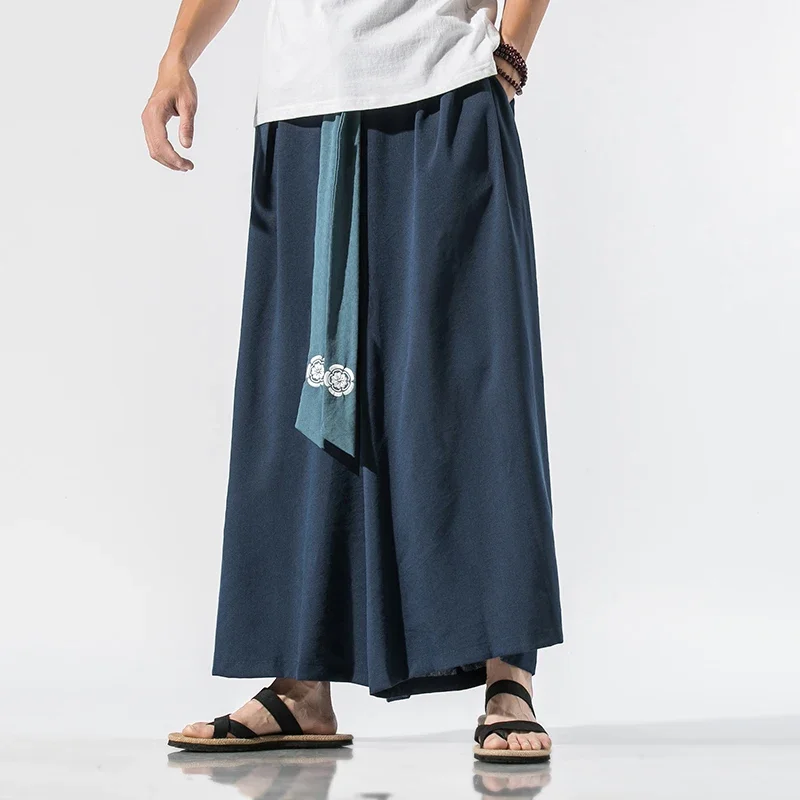 2026 Japanese Kimono Men Wide Leg Pants Joggers Retro Loose Trousers Man Yukata Style Linen Pants Big Crotch Nepal Robe Trousers