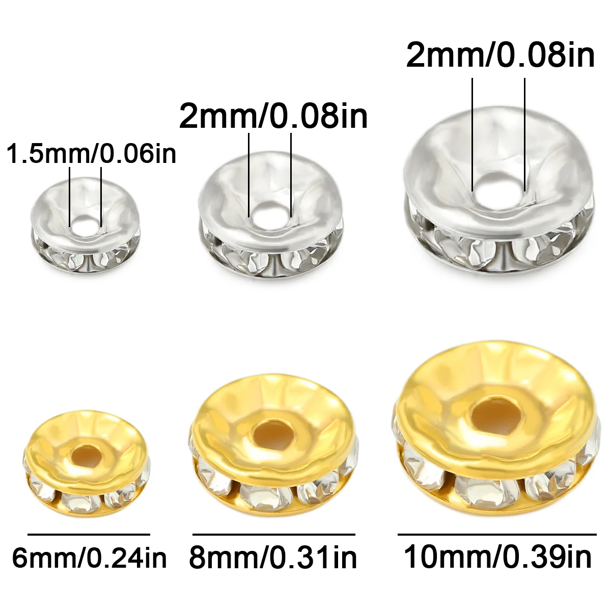 6/8/10mm 30pcs Zinc Alloy Disc Rhinestone Spacer Beads Loose Washer Beads For DIY Bracelet Necklace Jewelry Making Supplies