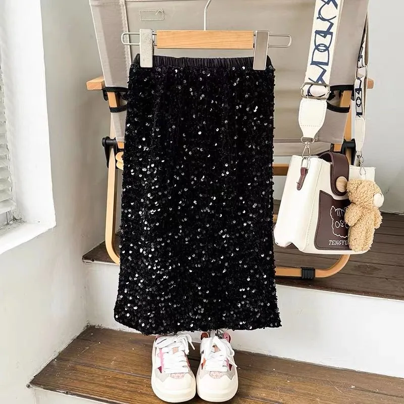 Kids Girls Velvet Fishtail Skirt with Sparkling Sequins All-Season Elegant Design for 2025