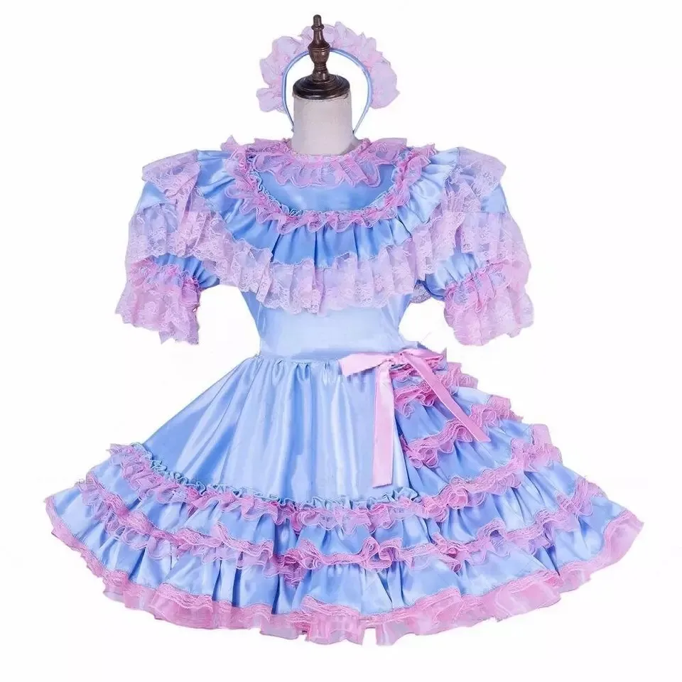 

Сексуальное синее атласное многослойное платье с рюшами и краями, костюм горничной для косплея, настраиваемый