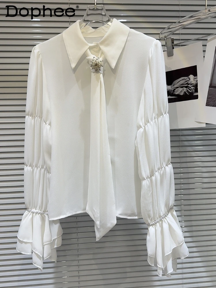 Blusa branca francesa de manga comprida com lapela feminina, camisas femininas de chiffon, gravata de fivela pérola, elegante, socialite, primavera, outono, nova, 2022