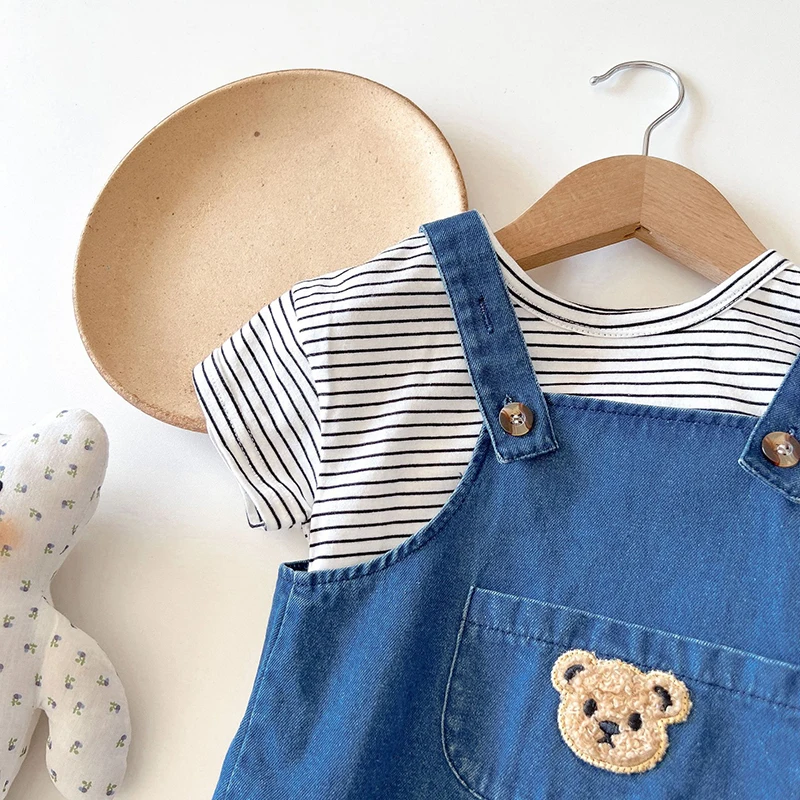 2024 Summer Baby Clothing Set Newborn Girls Striped T-shirt and Denim Bodysuits 2Pcs Boys Cool Suits