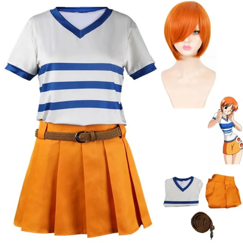 Anime Nami Cosplay Costume Two Years Ago Wig Daily Long Sleeved T-shirt Skirt Full Set Woman Sexy Kawaii Halloween Carnival Suit