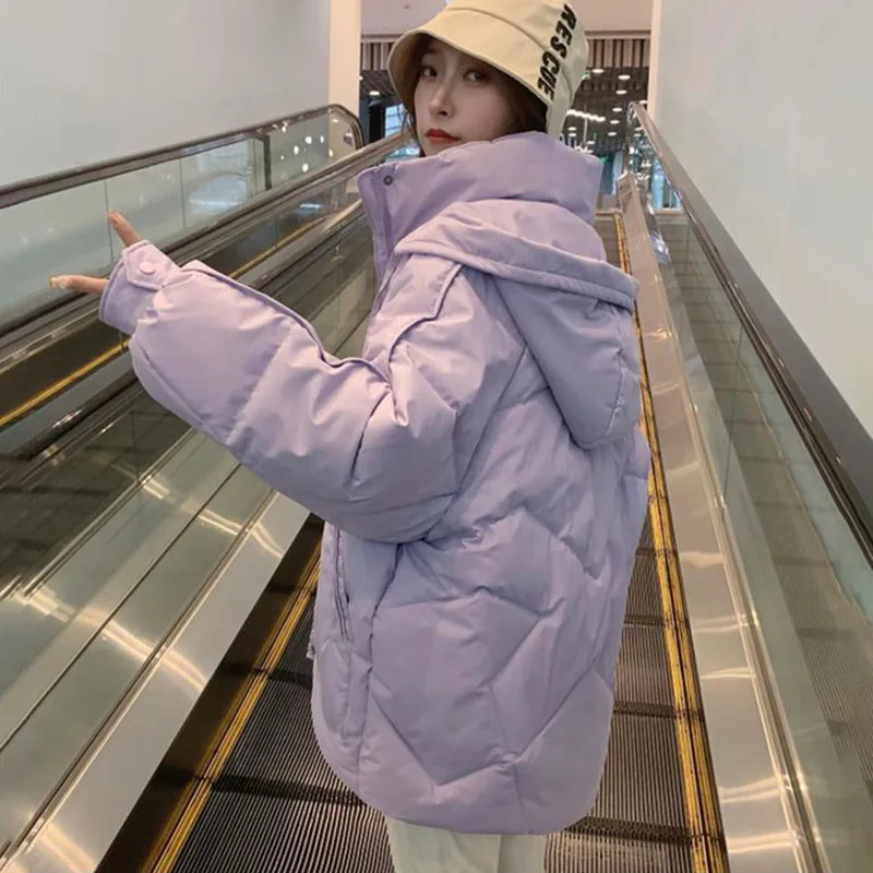 韓国スタイルの女性の厚い暖かいダウン綿ジャケットカジュアルフード付き秋冬綿入りアウターウェアパープル女性パーカー