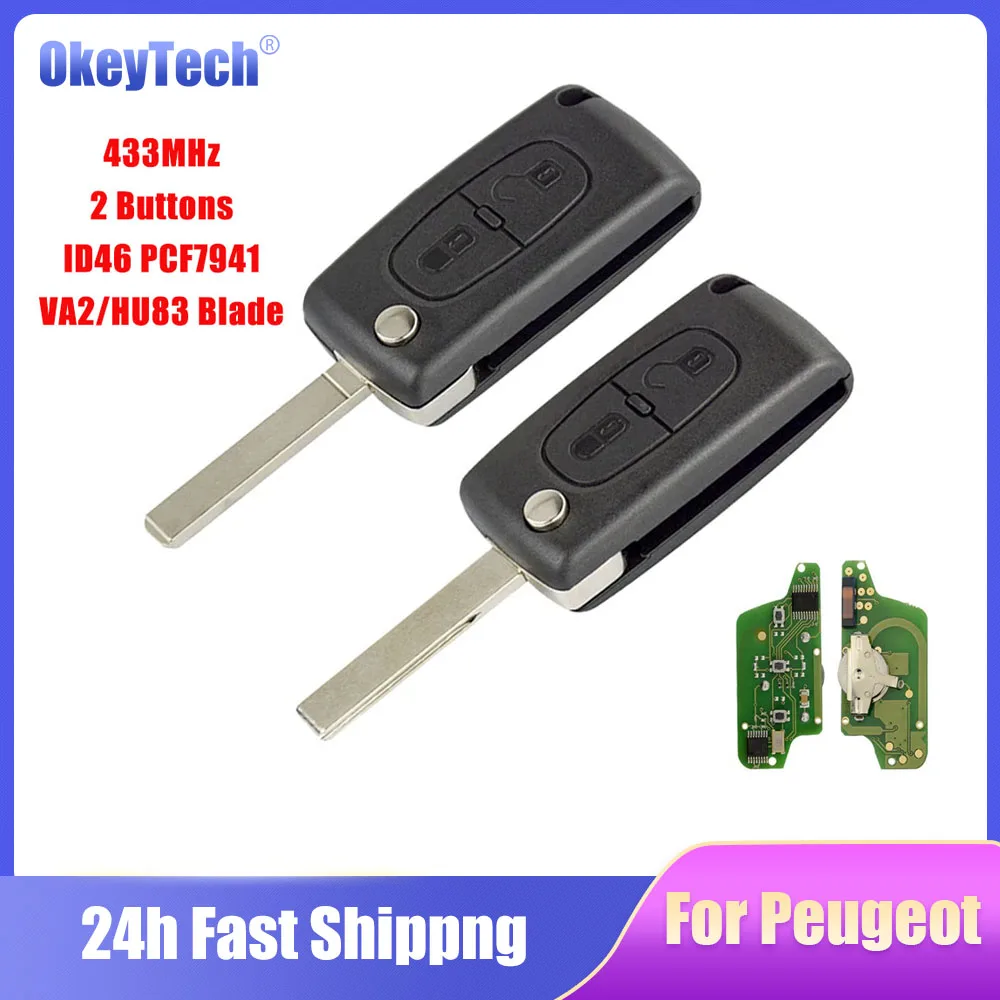 OkeyTech Remote Flip Key 2 Button Car Key for Peugeot Partner 207 307 308 407 CE0523 433Mhz ID46 PCF7941 Chip VA2/HU83 Blade