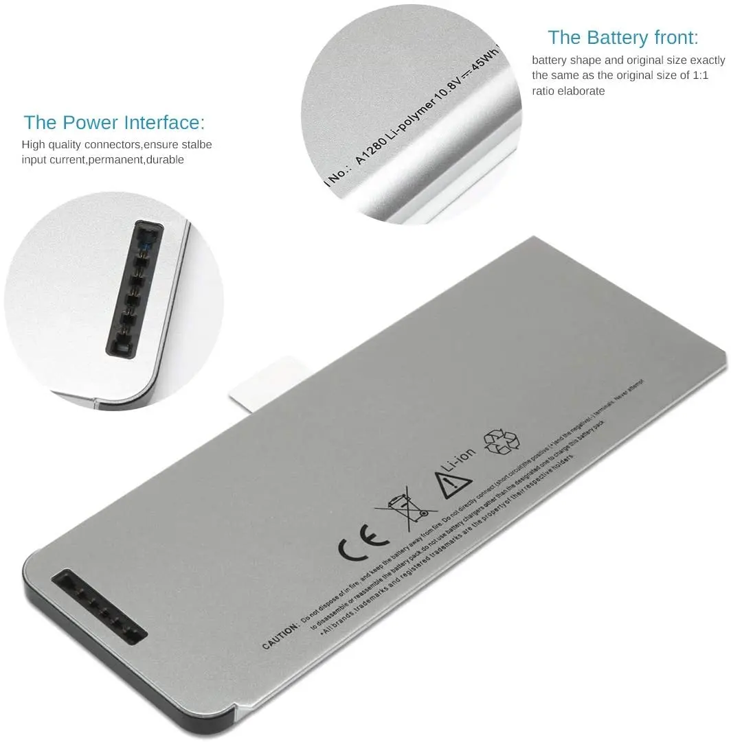 แบตเตอรี่แล็ปท็อป45WH สำหรับ A1278 A1280 (MacBook รุ่น13นิ้วอลูมิเนียม2008) อะลูมิเนียมแบบยูนิบอดี้ MB467LL/A / MB466LL/A 10.8V