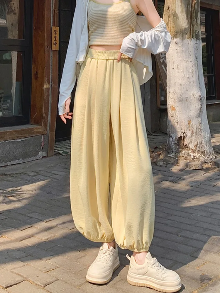 Women's Ice Silk Lantern Pants Summer New Style Quick Dry Cuffed Lantern Pants Elastic Waist Harlan Nine Point Pants