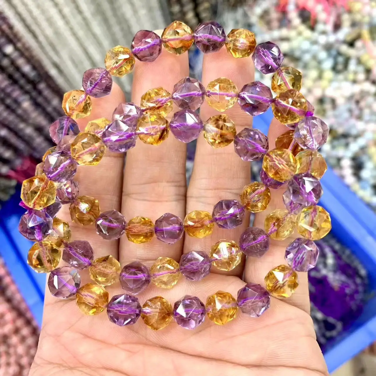 9-10mm Faced Amethyst Citrine Stone Beads Bracelet Natural Gemstone Jewelry Birthstone Of Sagittarius Aquarius For Gift