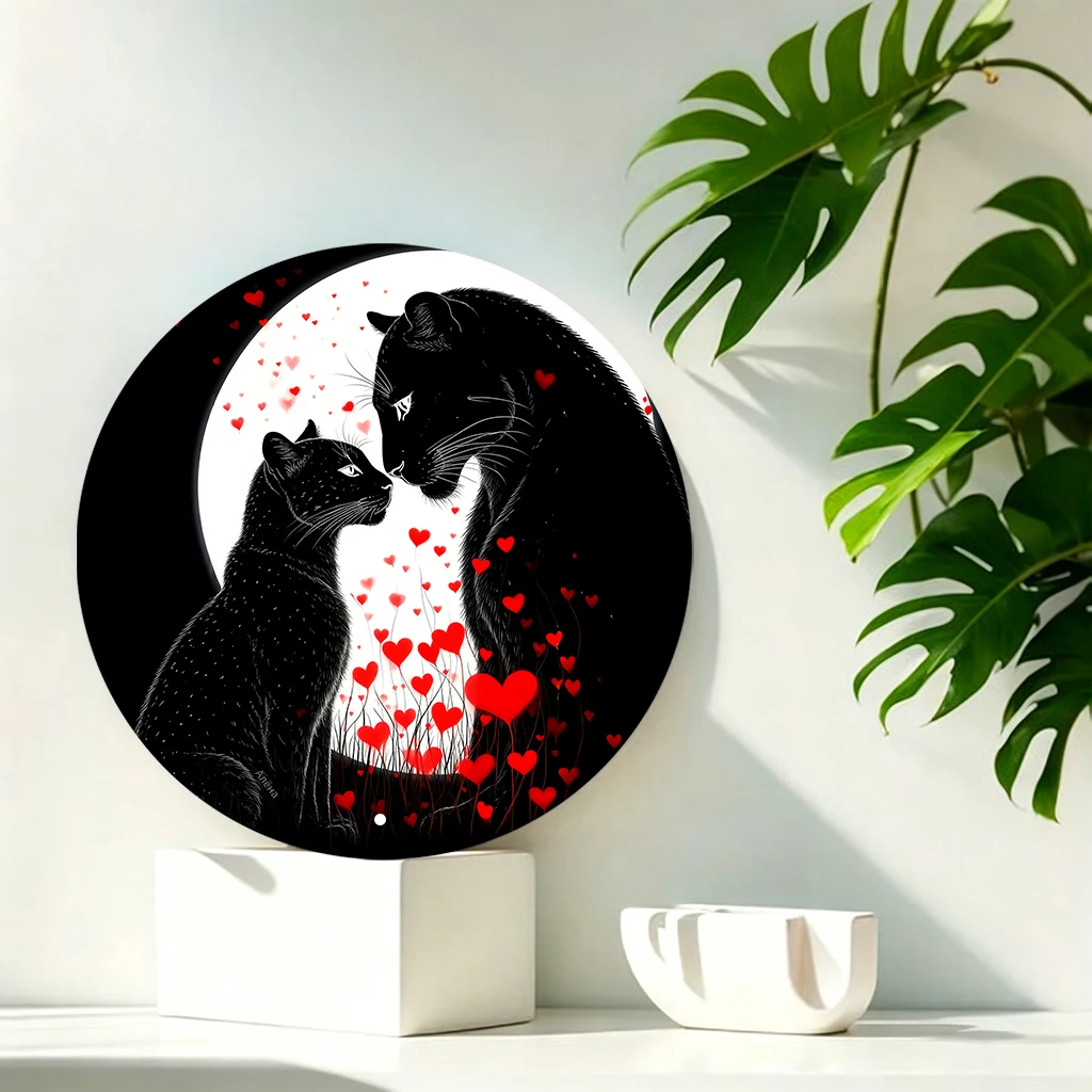 

JIT 1-pc Black white heart twin cat print round metal tin sign wall decor, lightweight & smooth surface, this unique metal tin sign suits garden, dorm and game room for long-term wall ornament, ideal decorative gift for home lovers