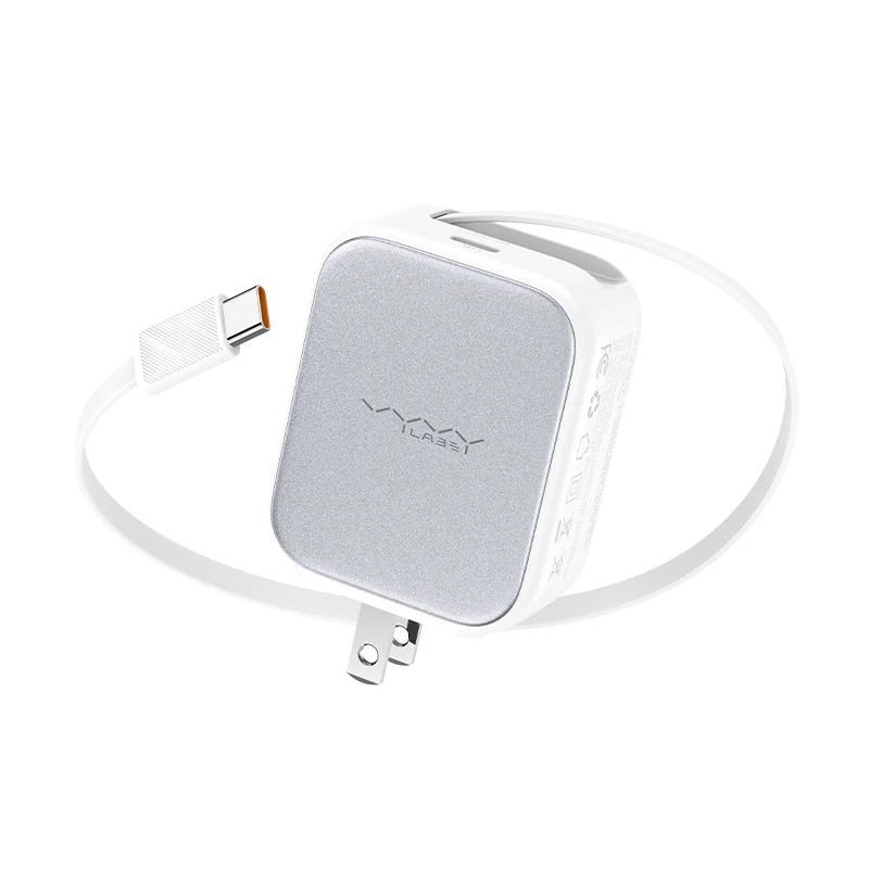 Vyvylabs GaN Fast Charger USB C Wall Charger Block 65W with Retractable C Cable for iPhone 16/15/MacBook/iPad/Galaxy/Android
