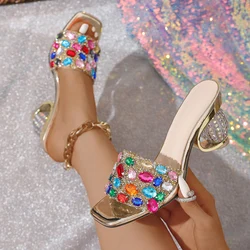 Liyke 2026 New Fashion Mixed Color Gem Diamonds Women Strange Transparent Heels Slipper Summer Sandal Sexy Square Toe Dress Shoe
