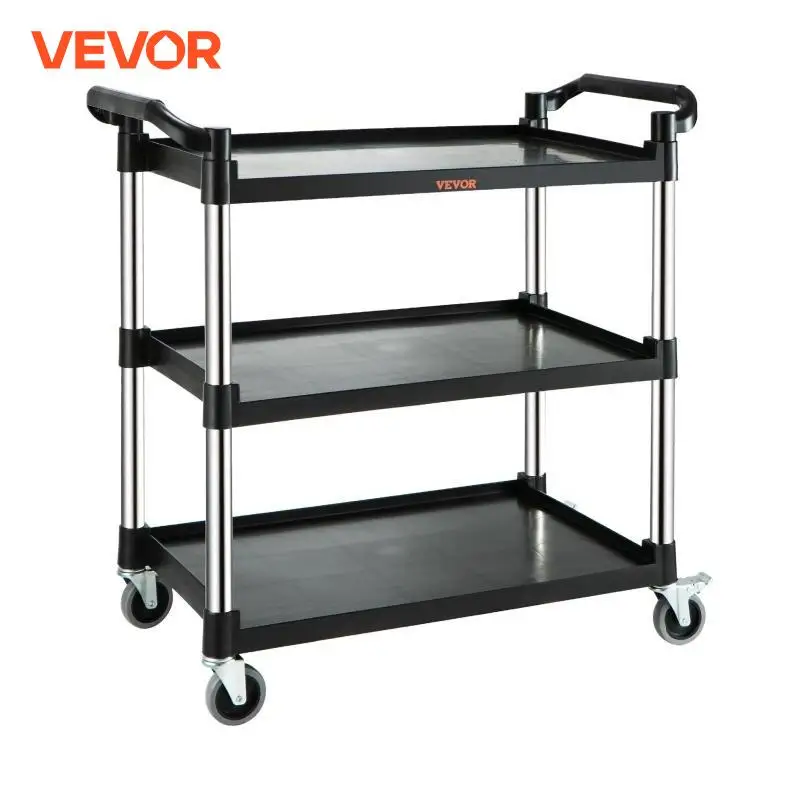 VEVOR Utility Service Cart 3 Shelf Heavy Duty 220LBS Food Service Cart Rolling Kitchen Storage Trolley with 4 Lockable Wheels