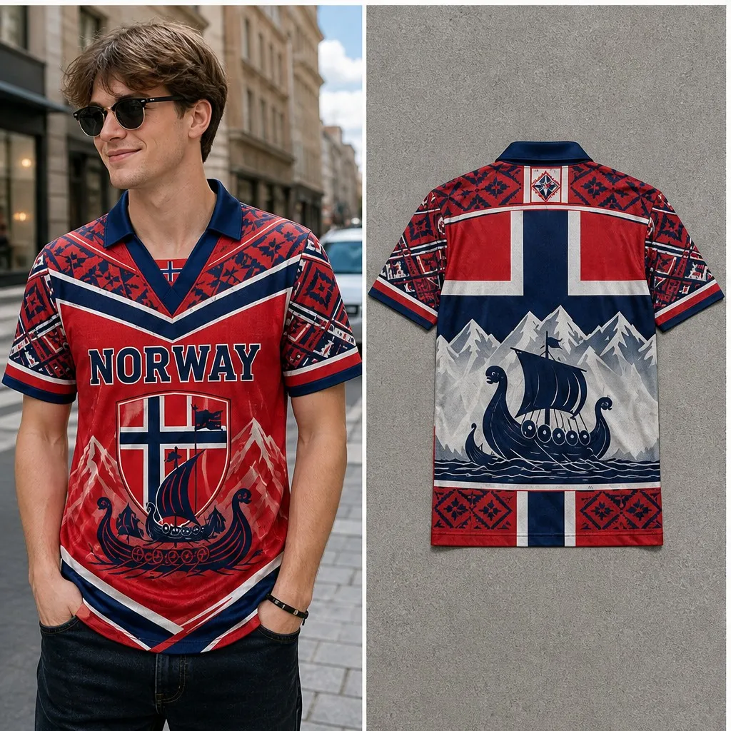 Mens Norway Folk Pattern Shield Ship Graphic Semi Polo V Neck T Shirt Short Sleeve Casual Nordic Jersey Top Street Style New Fit