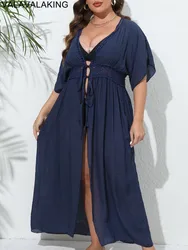 2025 Solidne damskie bikini Plus Size Cove Up Krótki rękaw Duża wiązana duża tunika Lady Chubby Beach Dress Brazylijskie stroje kąpielowe Cover-Ups