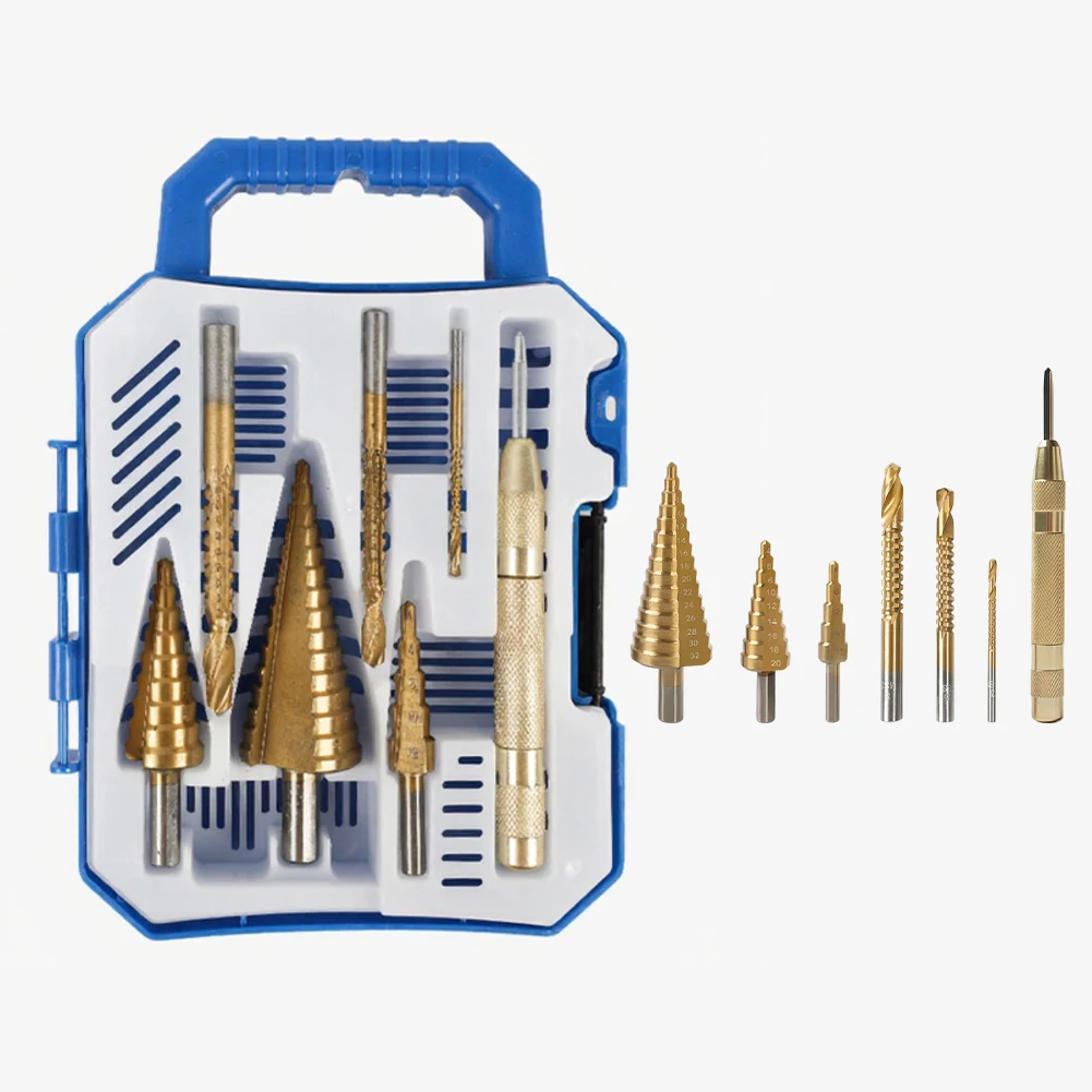 7pcs Straight Flute Step Drill Bit Set With Center Punch Five-blade Chamfer Tool Sawtooth Tower Drill Set For Metalworking