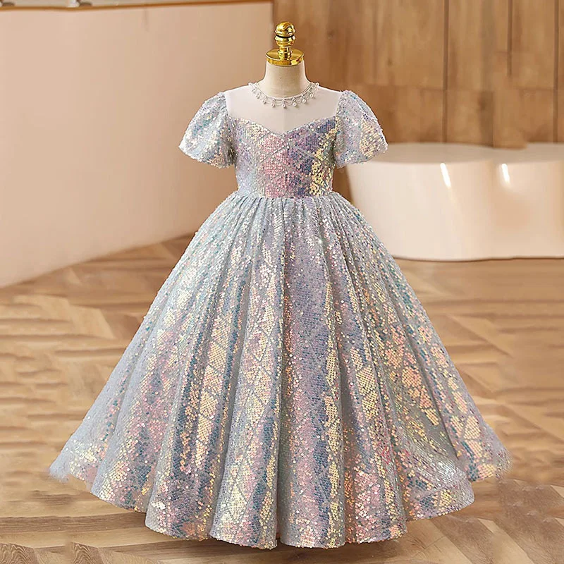 

Real Picture Sequined Little Girls Pageant Dress Sheer Neck Short Sleeve Puffy Long Flower Girl Wedding Party Gown Robe Soriee